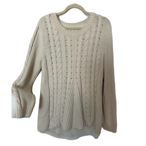 CAbi Ivory Lace-Up Back Cable Knit Pullover Sweater